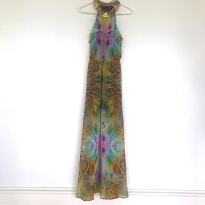 Size small sleeveless maxi BEBE dress with golden colored neckline